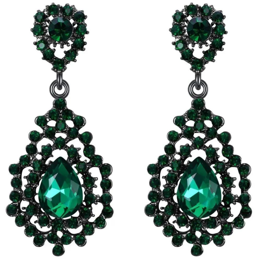 Gun Metal with Emerald Green Austrian Crystal Art Deco Chandelier Post Earrings